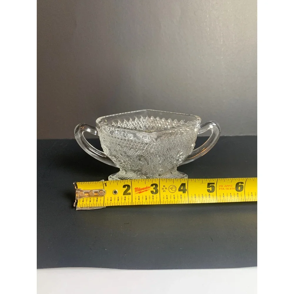 Vintage Clear Pressed Glass Sugar Bowl Diamond Point Floral Scroll Double Handle